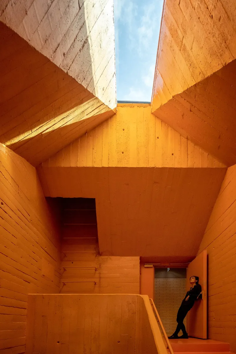 Timber-lined stairwell with skylight above and a person standing in the doorway