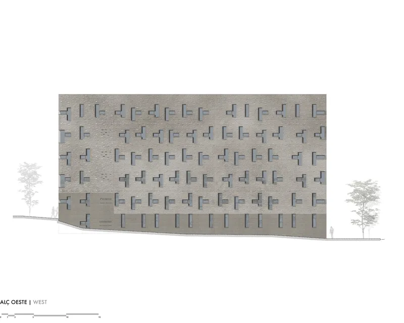 West elevation drawing showing a patterned brick facade with projecting and recessed window openings and flanking trees