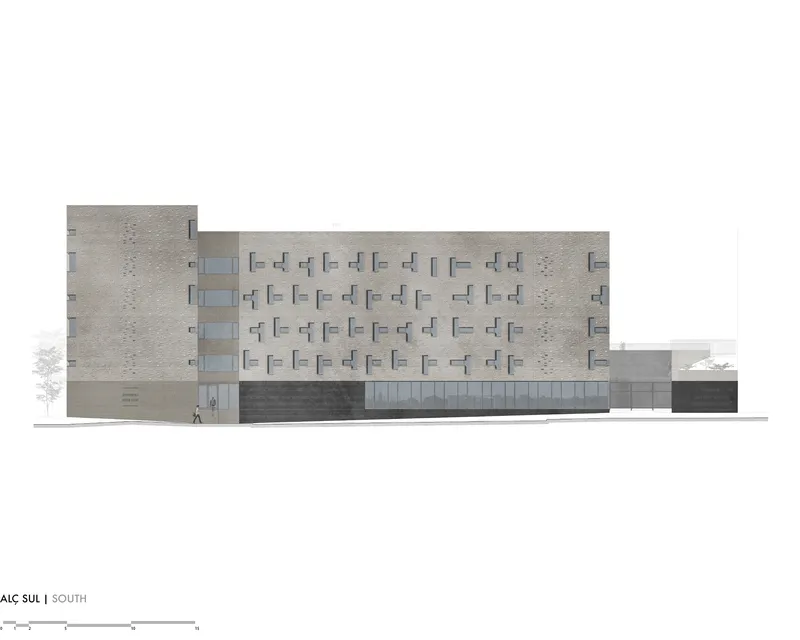 South elevation drawing showing a long brick facade with repeating window pattern above a dark base and glazed entrance