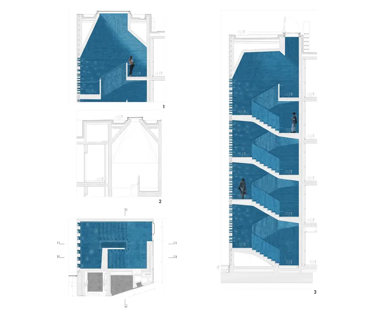 Plan and section drawings with blue shading showing a zigzagging staircase rising through multiple levels with figures