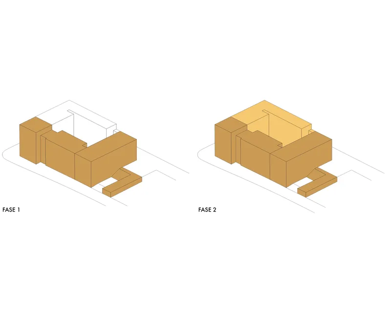 Axonometric diagrams showing two construction phases of a building complex with solid and outlined volumes