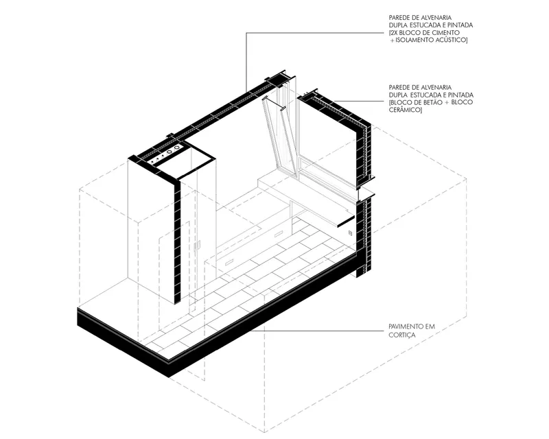 Isometric drawing showing layered masonry wall construction with concrete blocks and acoustic insulation over a cork floor