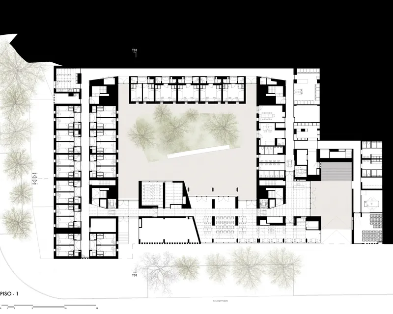 Ground floor plan drawing showing residential units arranged around a central courtyard with trees