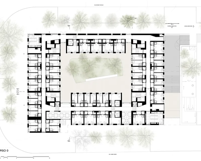 First floor plan drawing showing units wrapping around a central courtyard with landscaping and exterior trees