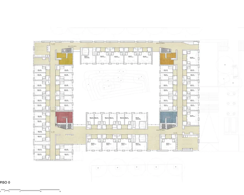 Floor plan drawing showing residential units with circulation corridors and color-coded communal spaces around a courtyard
