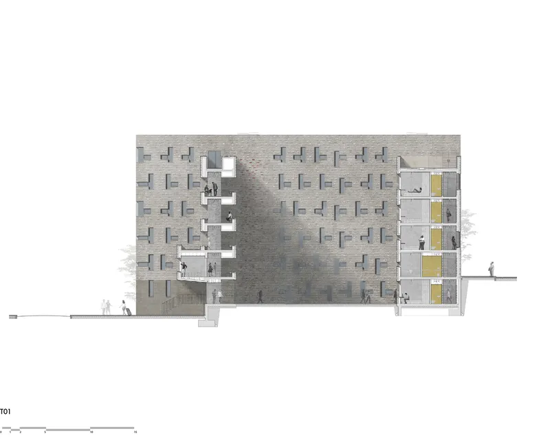 Section drawing showing stepped terraces on the left and stacked interior spaces with yellow partitions on the right