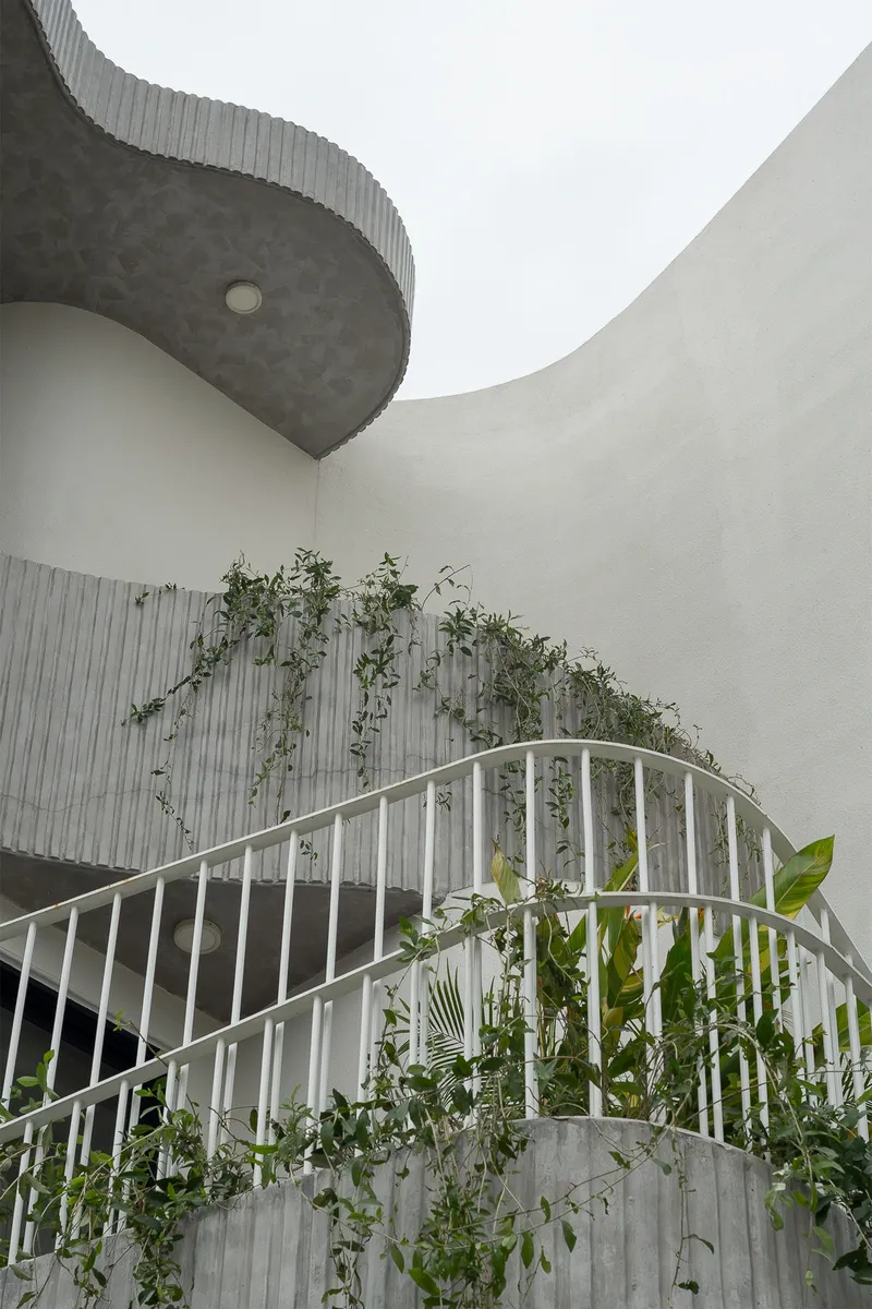 Curved balcony with white metal railing and climbing plants against corrugated walls