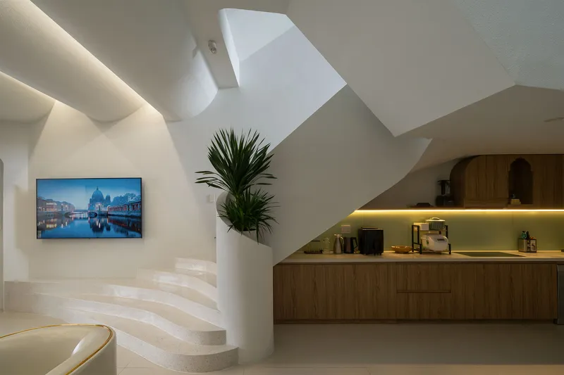 Curved staircase with under-tread lighting and potted palm beside timber kitchen counter