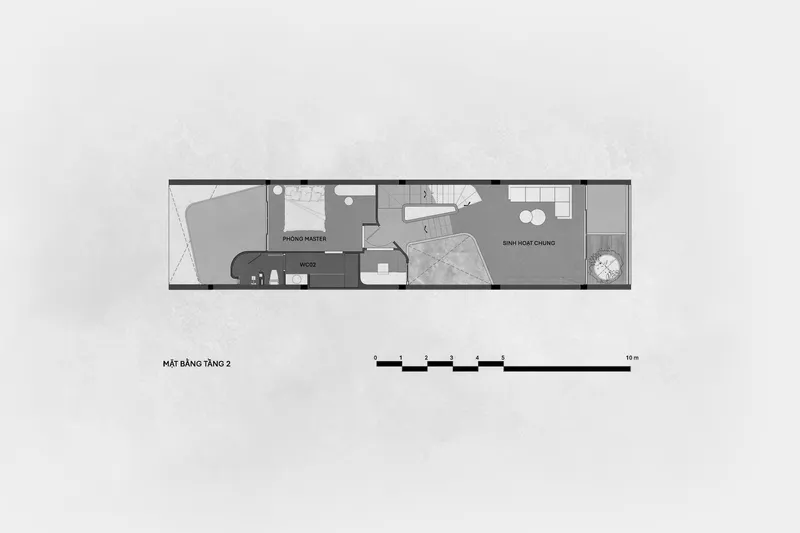 Second floor plan with master bedroom suite, central bathroom core, and dining terrace