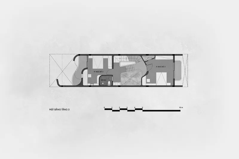 Third floor plan showing two bedrooms flanking a central staircase and shared bathroom