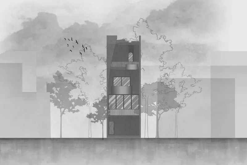 Front elevation drawing of a four-story tower with flanking trees and birds overhead