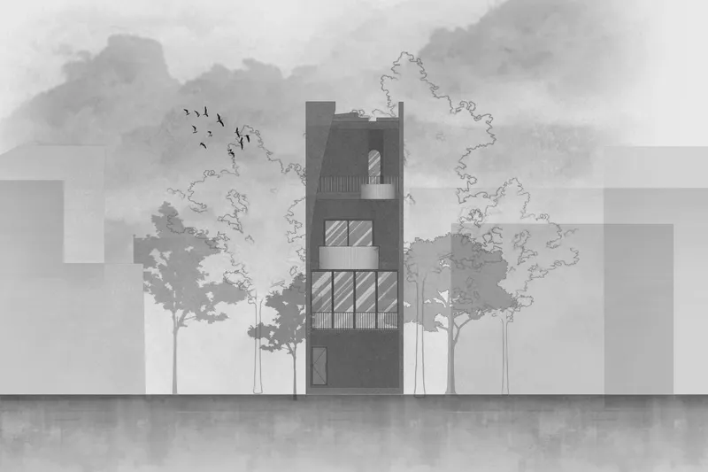 Street elevation rendering showing the narrow vertical facade framed by adjacent buildings and vegetation