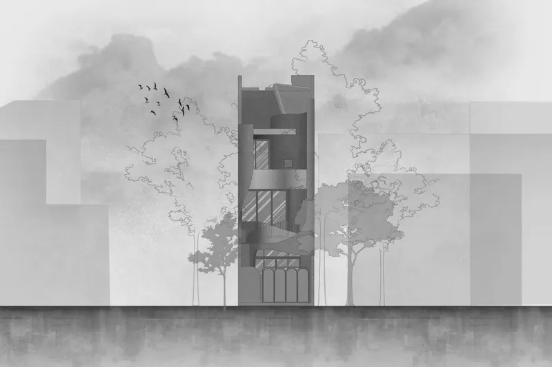 Elevation drawing of a narrow tower house with trees and birds in a cloudy sky