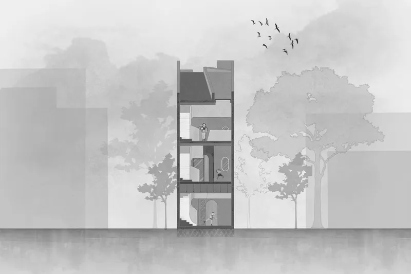 Section drawing revealing interior rooms and human figures across four levels of the tower