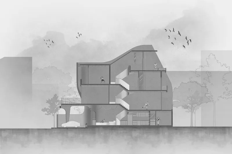Section drawing showing zigzagging staircases connecting split-level floors with inhabitants and trees outside