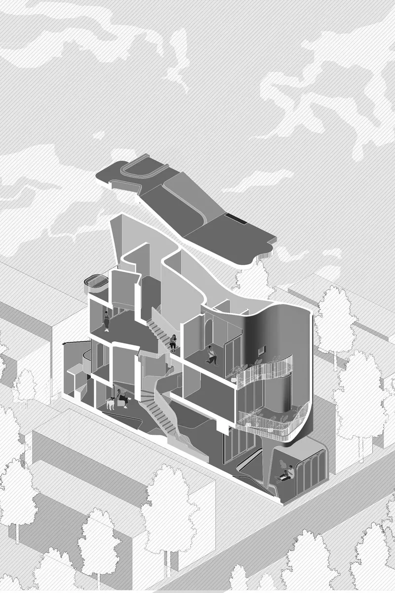 Axonometric cutaway drawing exposing the interior spatial arrangement and rooftop plane amid surrounding vegetation