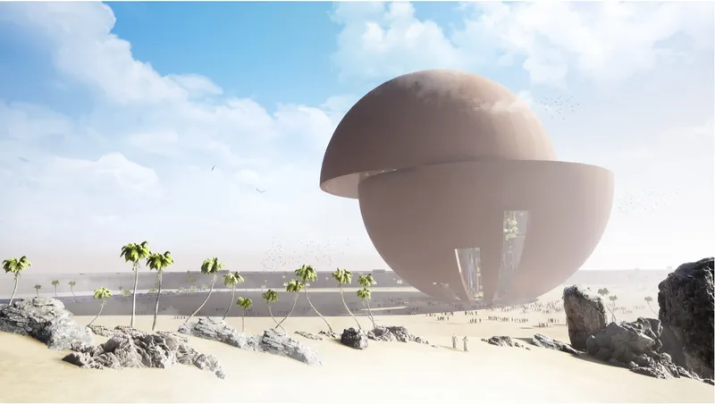 Monumental, bisected sphere emerges in Giza desert, symbolizing Earth under environmental stress