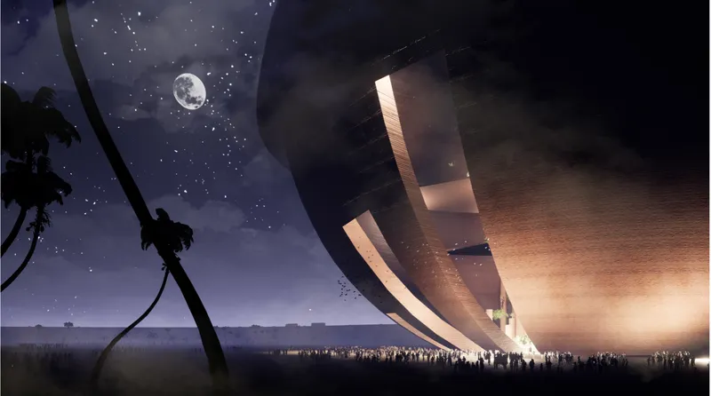Night view highlights glowing cut openings, emphasizing contrast between exterior harshness and interior refuge