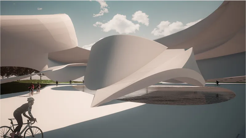 Cyclists activate the memorial as fluid architectural forms rise above water, translating movement into energy and spatial transformation.
