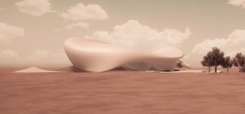 Fluid parametric forms hover above a reflective water body, activated by movement and energy generated by cyclists.