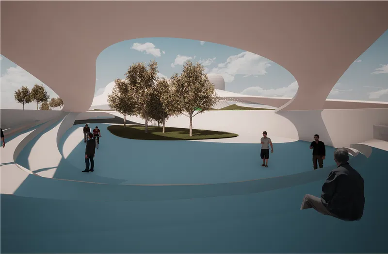Sculptural massing emerges from the desert terrain, embodying the concept of a healing wound within the landscape.