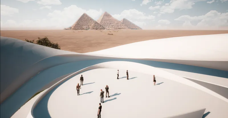 Elevated plaza framing a distant view of the pyramids, where landscape and architecture merge into a continuous surface.