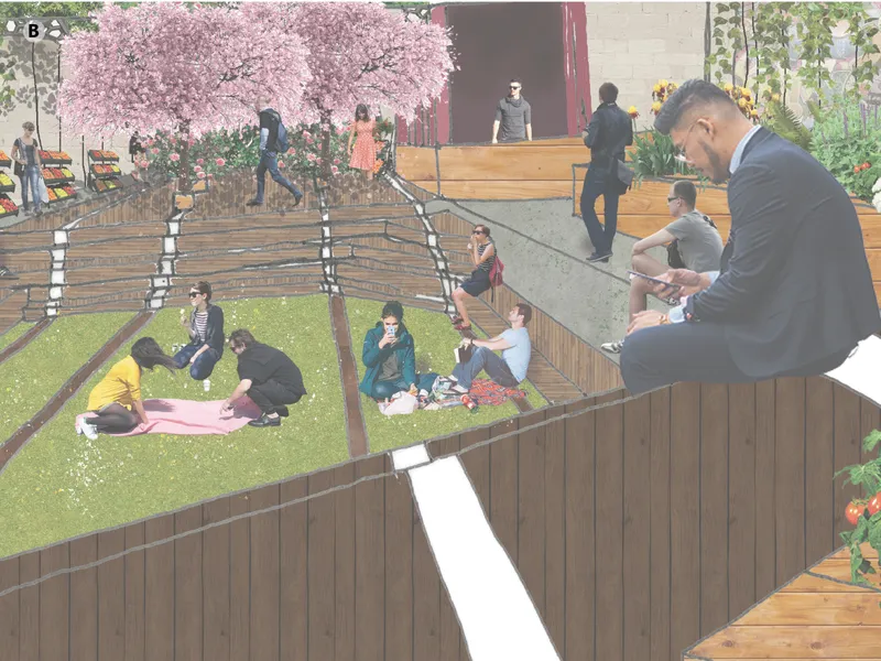 Active zone integrates markets, terraces, and circulation, fostering social engagement within a modular landscape system.