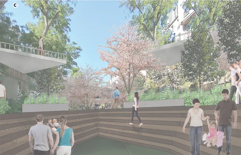 Elevated walkways and planted terraces frame immersive spatial experiences across multiple levels of the intervention.