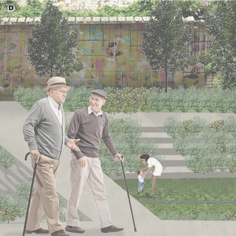 Passive landscape zone encourages slow movement, intergenerational use, and quiet social interaction within a green urban setting.