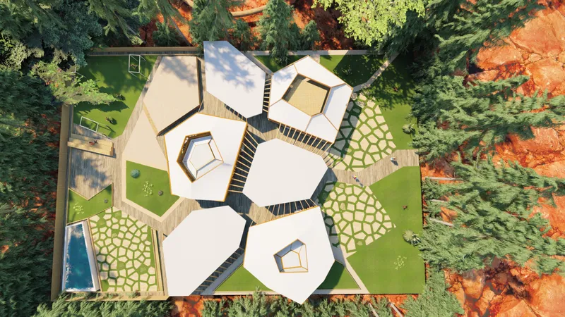 Top view revealing the interconnected spatial system and landscape integration of the kindergarten layout.