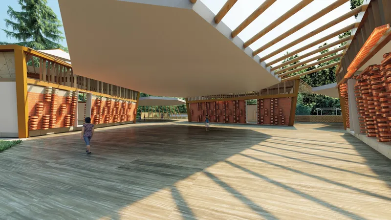 Semi-open central courtyard designed for interaction, play, and passive cooling through shaded structures.