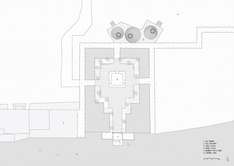 Site plan drawing showing a symmetrical temple complex with three circular domes and surrounding landscape