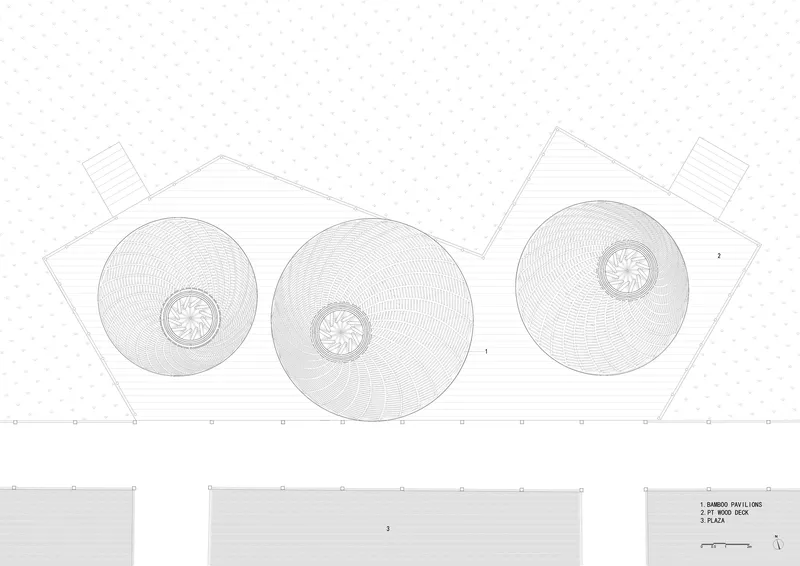 Elevation drawing depicting three circular domed structures with spiral centers and raised triangular roof elements