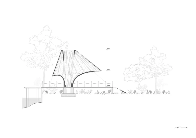 Section drawing showing a curved shell roof structure with planted terraces and surrounding trees