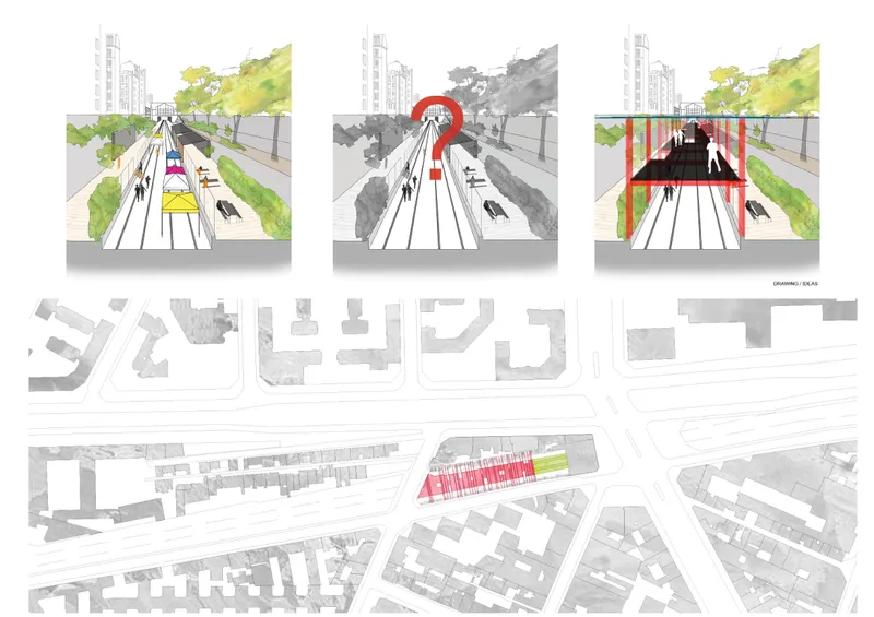 Urban plan highlighting the project’s integration within the existing Parisian fabric and railway corridor.