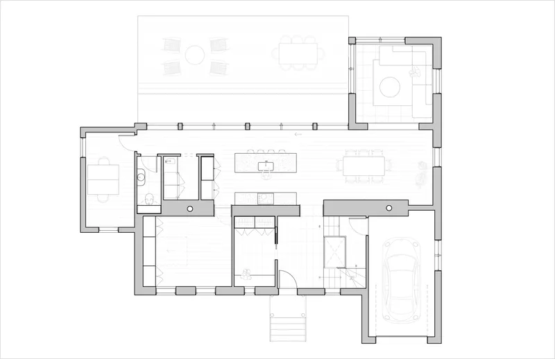 Ground floor plan drawing showing living areas, kitchen, dining room, garage and an attached study room