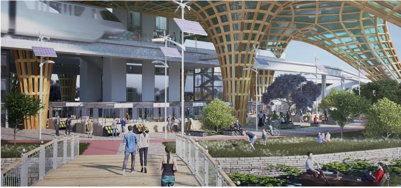 Public plaza beneath the vertical farm tower integrates markets, walkways and green spaces, creating a vibrant community hub within the urban agriculture network.