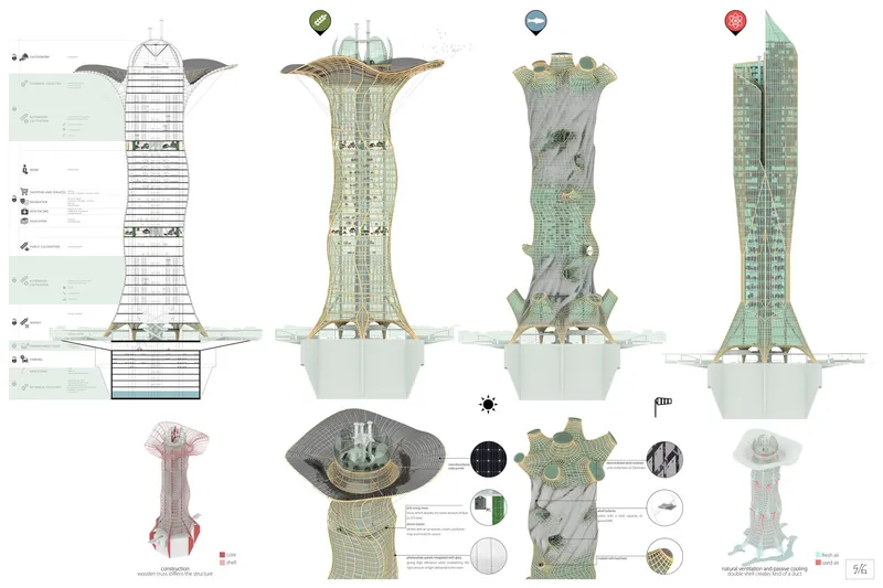 Tower typologies and structural studies reveal biomimetic forms designed for diverse agricultural functions including plants, aquaculture and research facilities.