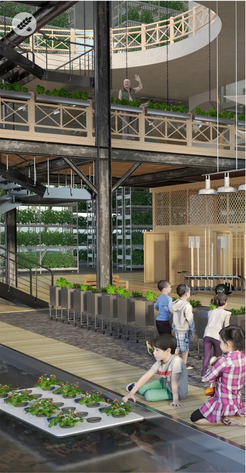 Interior farming terraces combine public circulation with productive landscapes, allowing visitors to experience agriculture within the vertical ecosystem.