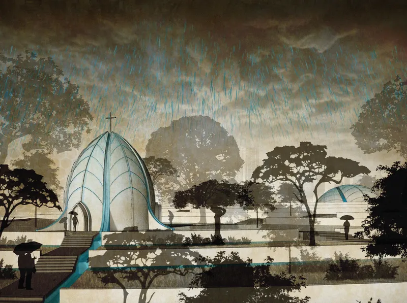 Climate-responsive chapel and landscape system activated through rainwater harvesting and terraced irrigation