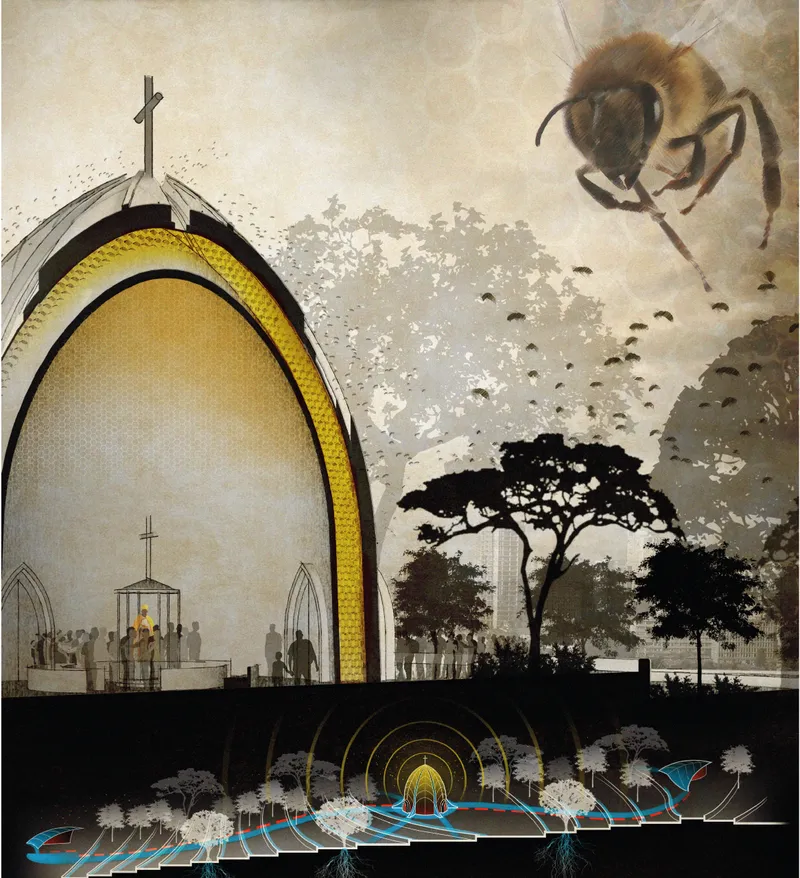 Pollinator-integrated chapel section illustrating water collection, bee habitats, and ecological layering