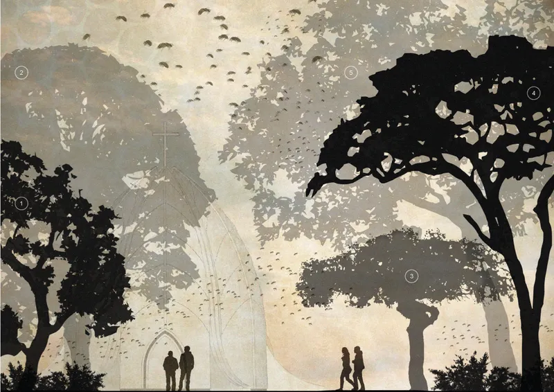 Eco Chapel emerging within landscape, blending sacred space with pollinator-driven reforestation
