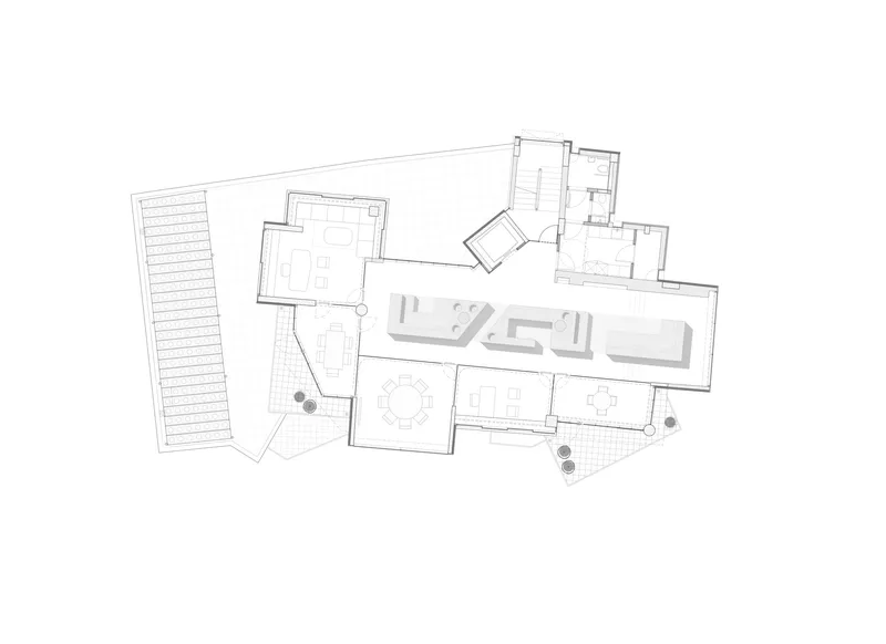 The image presents a floor plan of a modern residence, showcasing an open layout with interconnected living, dining, and kitchen areas. The design incorporates