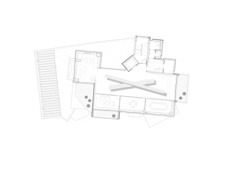 The image presents a detailed floor plan of a modern residence, showcasing an open layout with distinct living, dining, and kitchen areas. The design incorporat