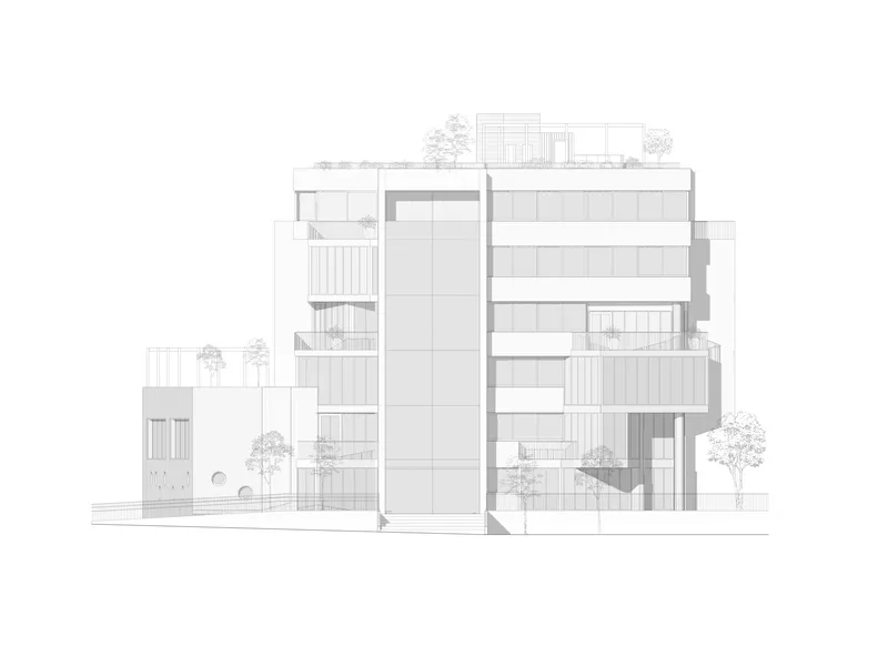 Section drawing revealing stacked floors with balconies and rooftop trees across multiple volumes