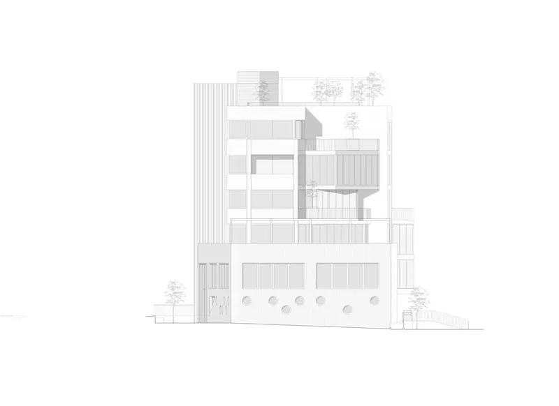 Elevation drawing depicting a facade with vertical louvers, circular openings and rooftop vegetation