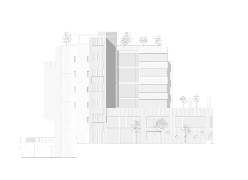 Elevation drawing showing a multi-story facade with planted terraces and circular openings at ground level