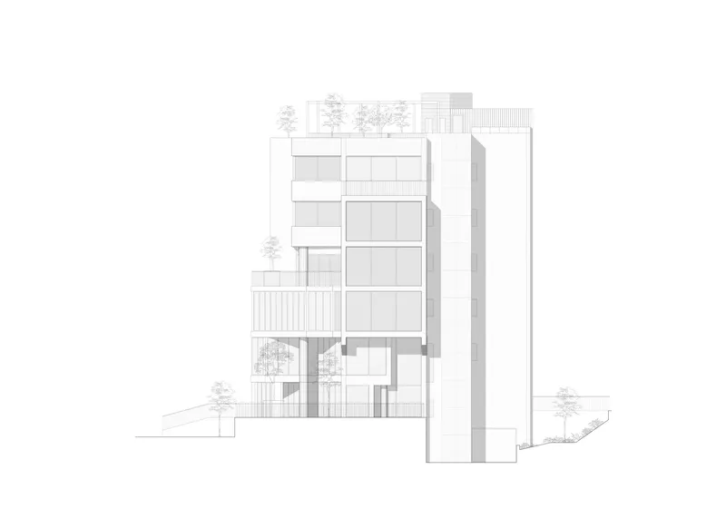 Section drawing illustrating terraced floors with recessed balconies and rooftop trees beside a tall volume