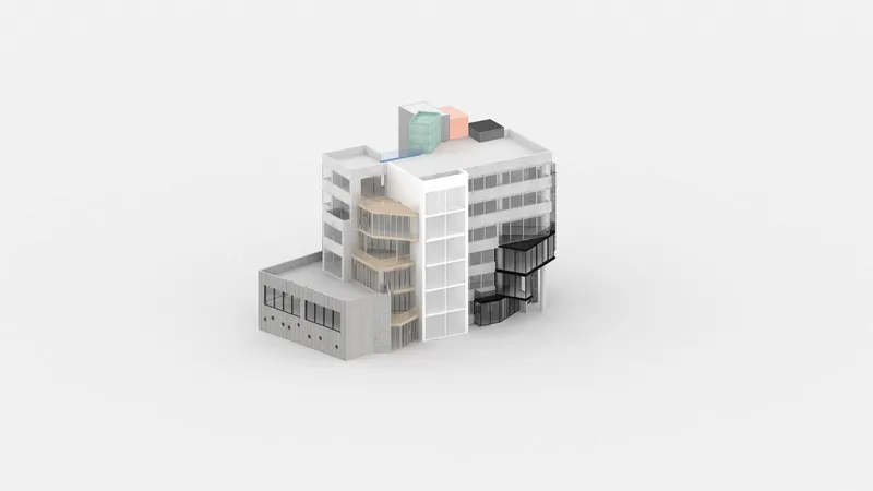 Axonometric drawing showing multiple volumes with colored rooftop elements and varied facade treatments