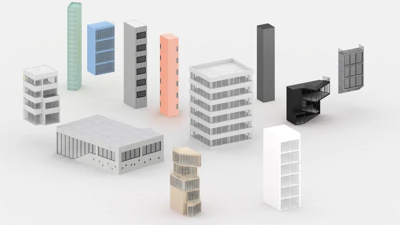 Isometric drawing showing a collection of varied tower and low-rise building volumes in different colors
